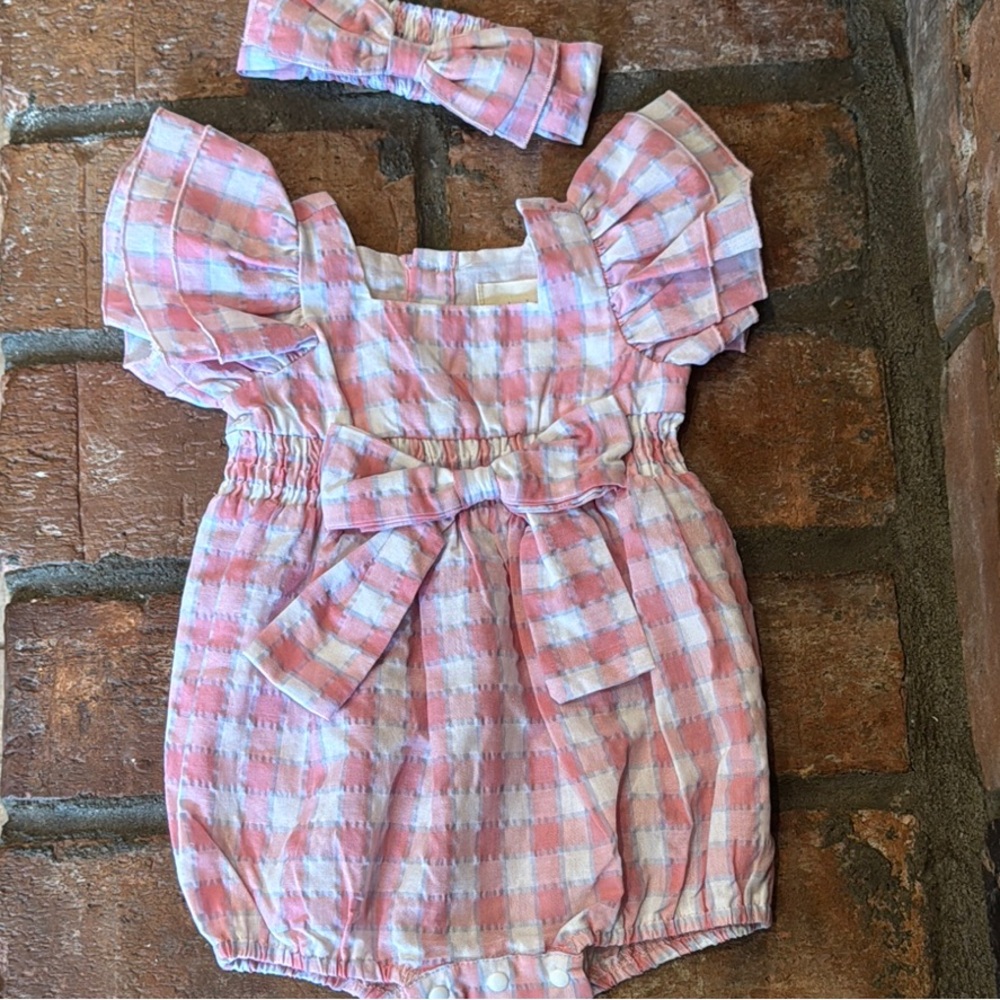Isobella & Chloe Pink Plaid One Piece with Headband